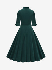Vintage Velvet Ruffled Sleeves Bow Tie Midi Swing Dress