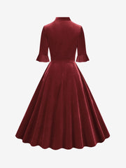 Vintage Velvet Ruffled Sleeves Bow Tie Midi Swing Dress