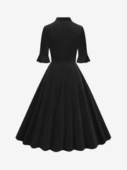 Vintage Velvet Ruffled Sleeves Bow Tie Midi Swing Dress