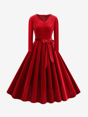 Christmas Velvet V Neck Long Sleeves Midi A-Line Dress