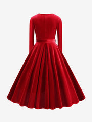 Christmas Velvet V Neck Long Sleeves Midi A-Line Dress