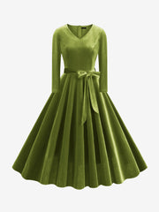 Christmas Velvet V Neck Long Sleeves Midi A-Line Dress