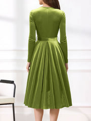 Christmas Velvet V Neck Long Sleeves Midi A-Line Dress