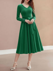 Christmas Velvet V Neck Long Sleeves Midi A-Line Dress
