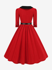 Vintage Peter Pan Collar Belted A-Line Midi Dress