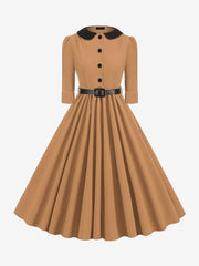 Vintage Peter Pan Collar Belted A-Line Midi Dress