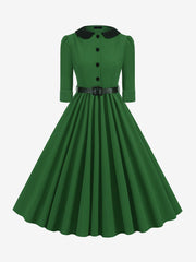 Vintage Peter Pan Collar Belted A-Line Midi Dress