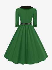 Vintage Peter Pan Collar Belted A-Line Midi Dress