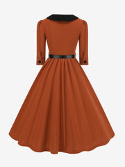 Vintage Peter Pan Collar Belted A-Line Midi Dress