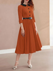 Vintage Peter Pan Collar Belted A-Line Midi Dress