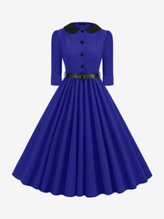 Vintage Peter Pan Collar Belted A-Line Midi Dress