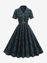 Vintage Notched Lapel Plaid Pockets Belted Midi A-Line Dress