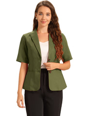 Cotton Linen Office Business Short Sleeve Notched Lapel Blazer Jacket