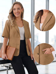 Cotton Linen Office Business Short Sleeve Notched Lapel Blazer Jacket