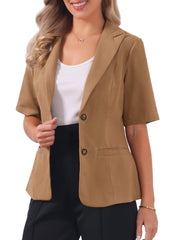 Cotton Linen Office Business Short Sleeve Notched Lapel Blazer Jacket