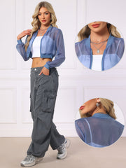 Bomber Long Sleeve Crop Mesh Sheer Zip Up Jackets