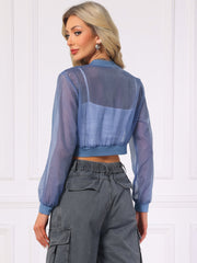 Bomber Long Sleeve Crop Mesh Sheer Zip Up Jackets