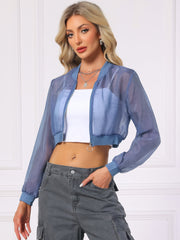 Bomber Long Sleeve Crop Mesh Sheer Zip Up Jackets