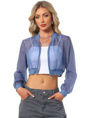 Bomber Long Sleeve Crop Mesh Sheer Zip Up Jackets
