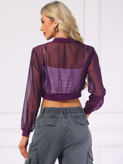 Bomber Long Sleeve Crop Mesh Sheer Zip Up Jackets