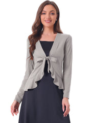 Women's Tie Front Knit Ruffled Long Sleeve Open Cardigan