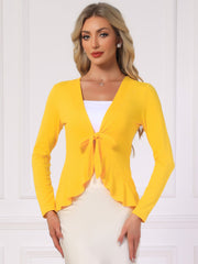 Women's Tie Front Knit Ruffled Long Sleeve Open Cardigan