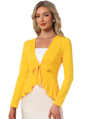 Women's Tie Front Knit Ruffled Long Sleeve Open Cardigan