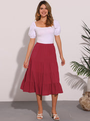 Midi Solid Elastic Waist Flare Tiered Long Pockets A-Line Skirt