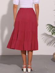 Midi Solid Elastic Waist Flare Tiered Long Pockets A-Line Skirt