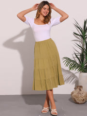 Midi Solid Elastic Waist Flare Tiered Long Pockets A-Line Skirt