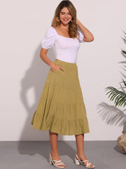 Midi Solid Elastic Waist Flare Tiered Long Pockets A-Line Skirt