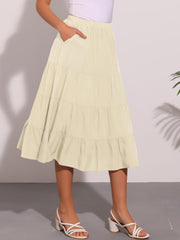 Midi Solid Elastic Waist Flare Tiered Long Pockets A-Line Skirt
