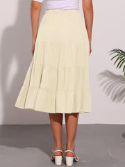 Midi Solid Elastic Waist Flare Tiered Long Pockets A-Line Skirt