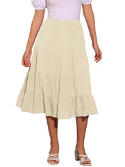 Midi Solid Elastic Waist Flare Tiered Long Pockets A-Line Skirt