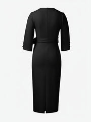 Notched Neck 3/4 Sleeves Midi Sheath Dress