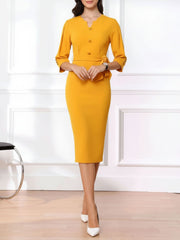 Notched Neck 3/4 Sleeves Midi Sheath Dress
