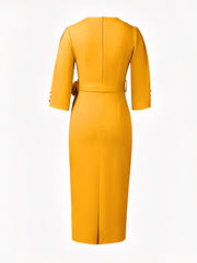 Notched Neck 3/4 Sleeves Midi Sheath Dress