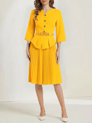 Notch Neck 3/4 Sleeves Belted Pleated Midi Work Dress