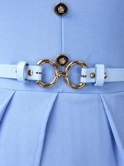 Notch Neck 3/4 Sleeves Belted Pleated Midi Work Dress