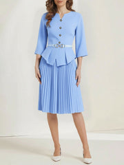 Notch Neck 3/4 Sleeves Belted Pleated Midi Work Dress