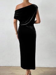 Velvet Ruched One Shoulder Midi Evening Dress