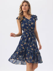 Floral Flutter Sleeve V Neck Smocked Ruffle Dress