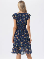 Floral Flutter Sleeve V Neck Smocked Ruffle Dress