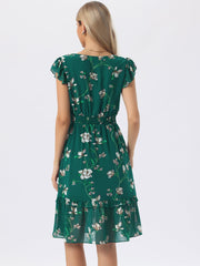Floral Flutter Sleeve V Neck Smocked Ruffle Dress