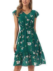 Floral Flutter Sleeve V Neck Smocked Ruffle Dress