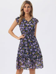 Floral Flutter Sleeve V Neck Smocked Ruffle Dress