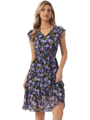 Floral Flutter Sleeve V Neck Smocked Ruffle Dress