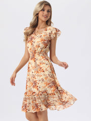 Floral Flutter Sleeve V Neck Smocked Ruffle Dress