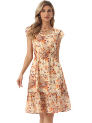Floral Flutter Sleeve V Neck Smocked Ruffle Dress
