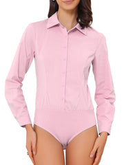Long Sleeve Leotard Shirt Business Work Button Down Bodysuit